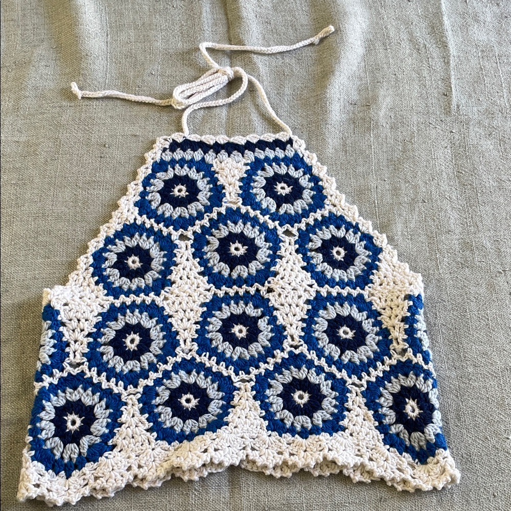 Sea New York Blue and Cream Crochet Halter Crop Top